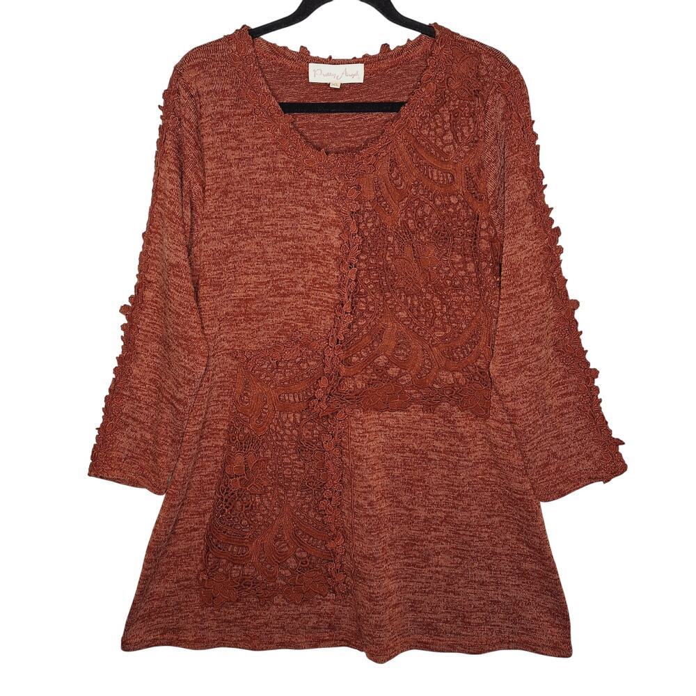 Pretty Angel Rust Orange Lace Overlay Knit Tunic Top Womens XL Boho Long Sleeve